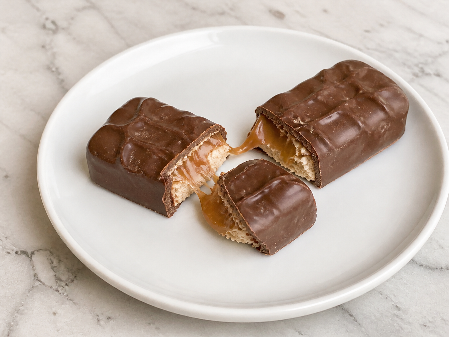 Chocolate candy bar pieces on a white plate