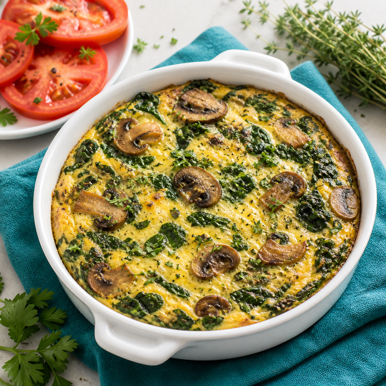 Crustless spinach and mushroom quiche in a white baking dish