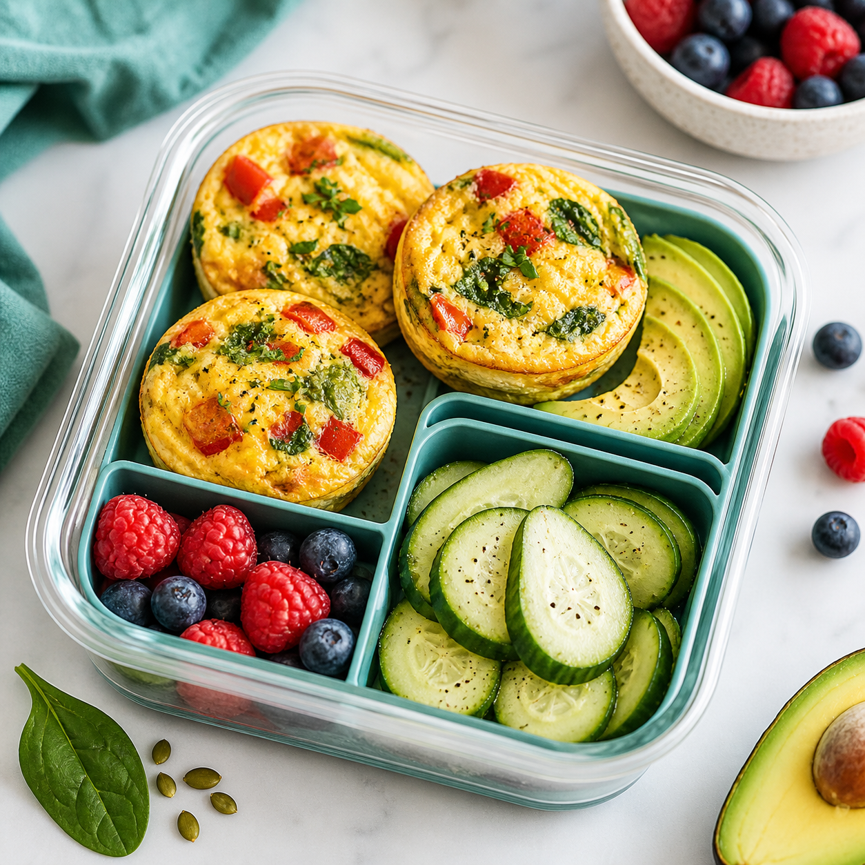 Low-carb egg bite breakfast box with avocado, berries, and cucumber