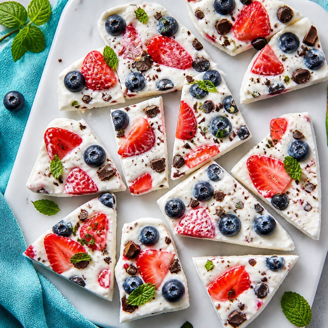 Frozen Greek yogurt bark pieces with strawberries, blueberries, chocolate, and mint