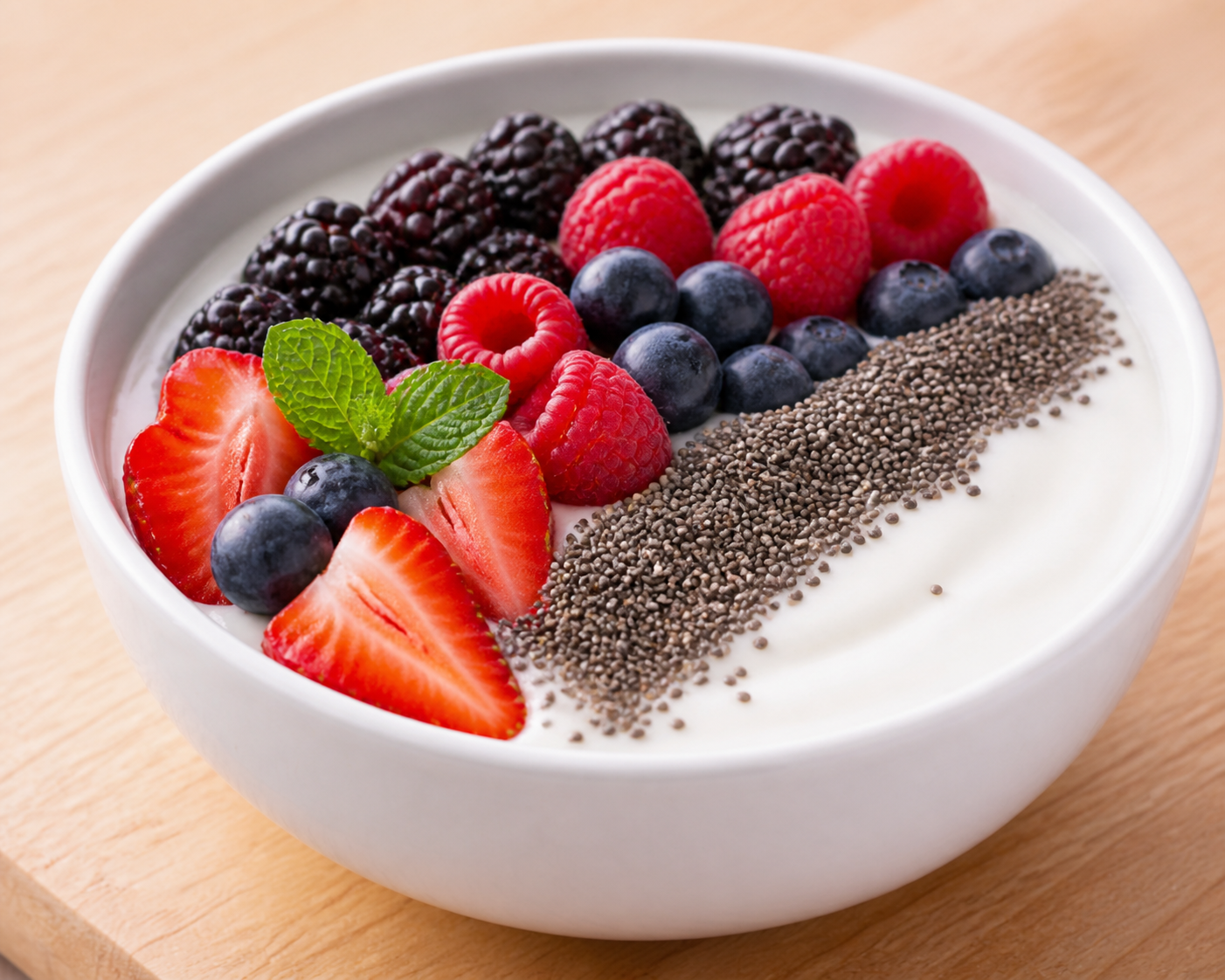 Greek yogurt bowl with berries and chia seeds