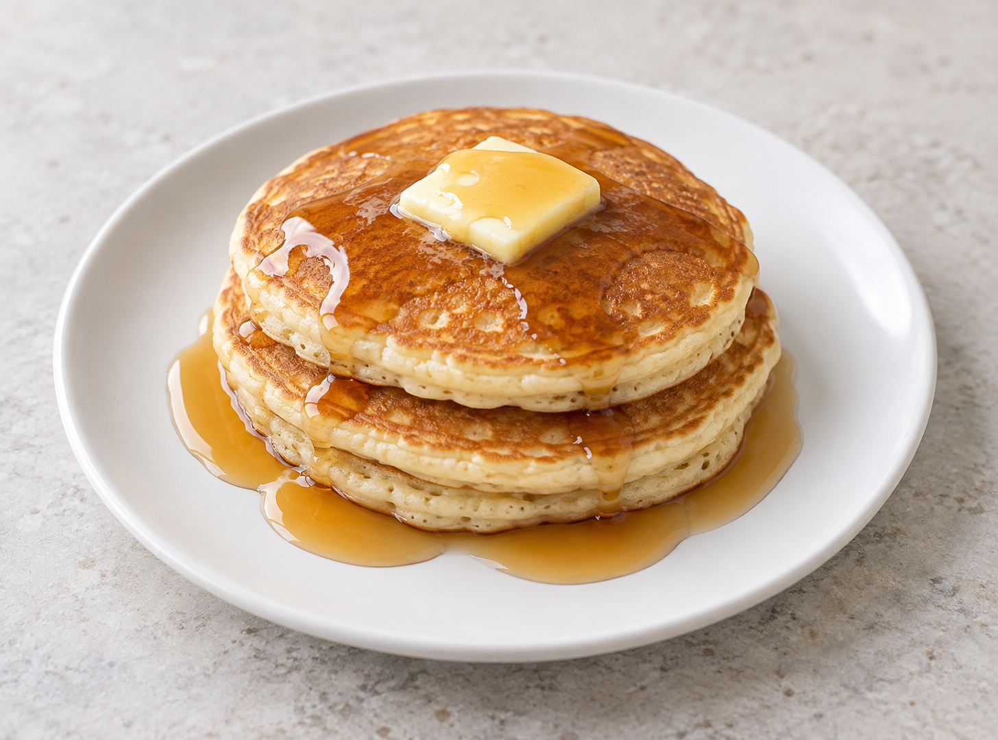 Stack of pancakes with butter and maple syrup