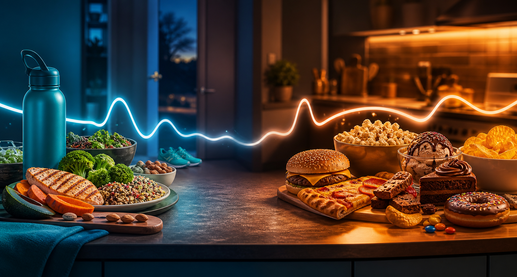 Colorful evening kitchen decision scene with healthy dinner choices, snacks, running shoes, and glucose rhythm